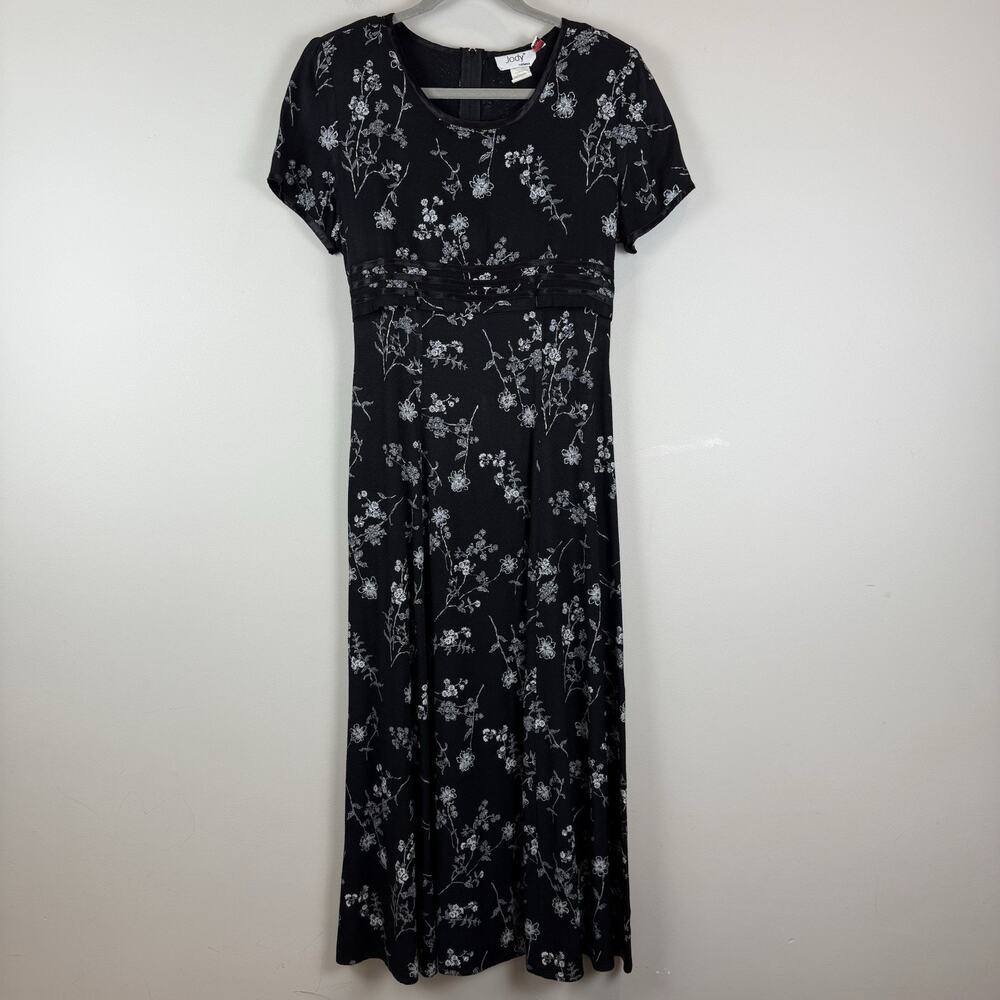 Vtg 90s Jody California Floral Midi Dress Sz 9 Black Ruffle Modest Cottagecore